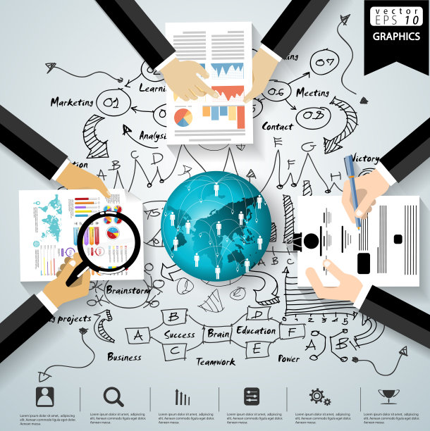 插画业务。设计创意和概念思维。为了成功，计划，思考，搜索，分析，沟通，未来的想法，创新的技术现代。图片下载