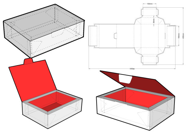 巧克力盒(内部尺寸15x10x5厘米)和模切图案。组装方便，不需要胶水。.eps文件是完整的，功能齐全。为真正的纸板生产准备。图片下载