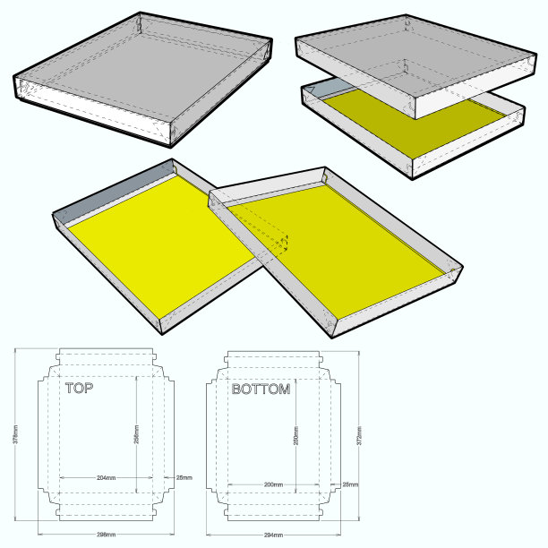 顶部和底部的盒子和模切模式。组装方便，不需要胶水。.eps文件是完整的，功能齐全。为真正的纸板生产准备。图片下载