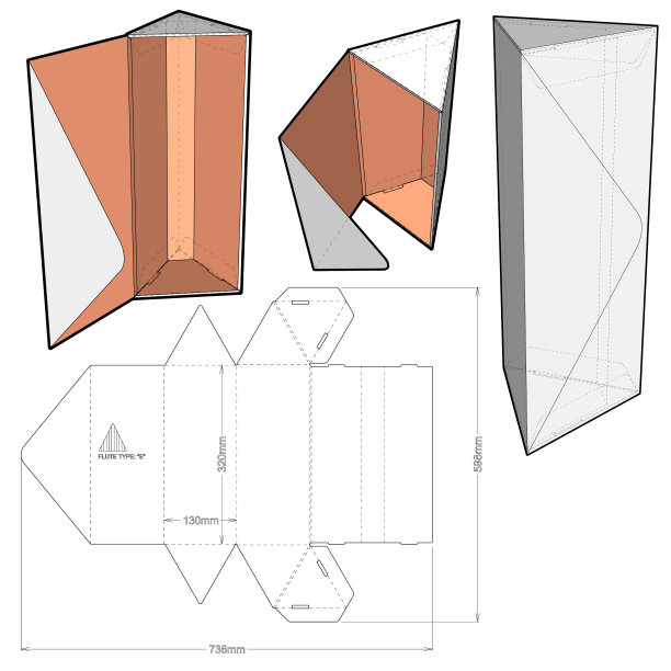 三角自组装包装和模切图案。.eps文件是完整的，功能齐全。为真正的纸板生产准备。图片下载