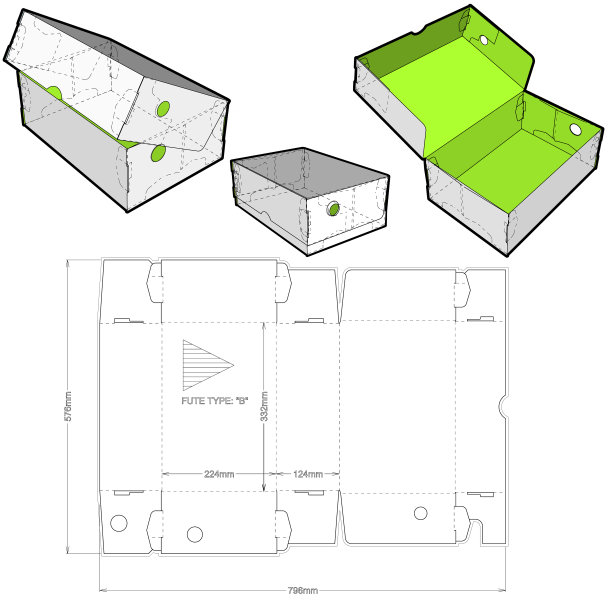 鞋子纸箱和模切模式。.eps文件是完整的，功能齐全。为真正的纸板生产准备。图片下载