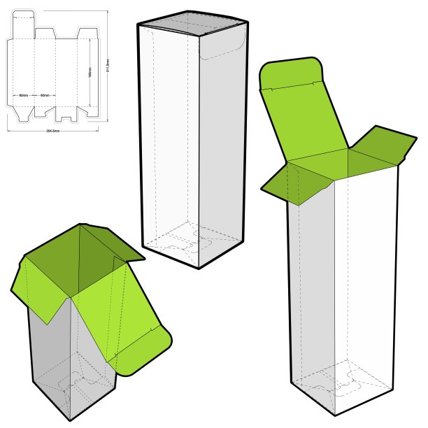 简单包装盒(内径6x6x19cm)和模切图案。.eps文件是完整的，功能齐全。为真正的纸板生产准备。图片下载
