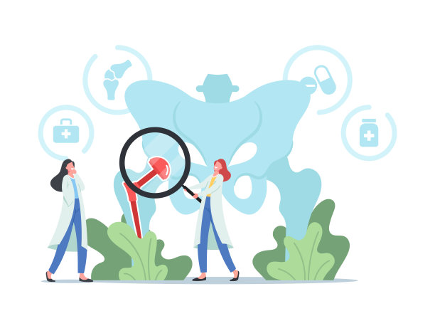 微型医生角色与放大镜在巨大的人类骨盆骨全髋关节假体植入，关节成形术图片下载