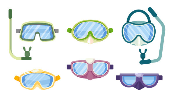 一套潜水设备，潜水面罩，潜水器不同的设计。水下眼镜，喉管图片下载