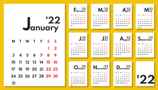 2022年全年每月办公室计划表或挂历垂直网格布局，周一第一，两个周末图片下载