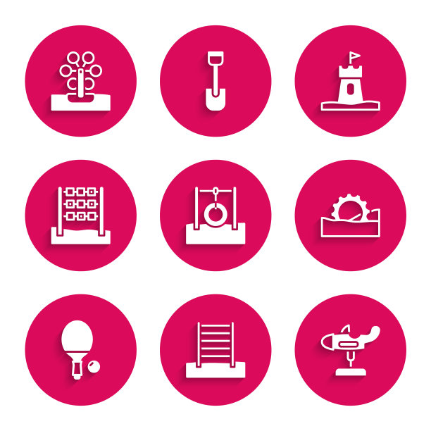 汽车轮胎挂绳，瑞典墙，秋千飞机，摩天轮，球拍和球，井字游戏，沙塔和图标。向量图片下载