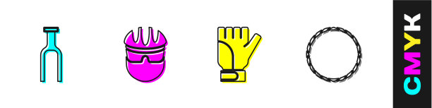 设置自行车叉，头盔，手套和车轮图标图片下载