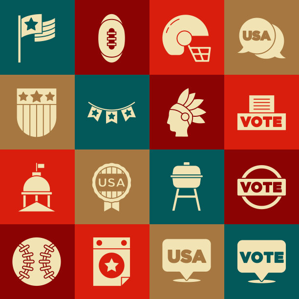集投票，盒子，美国足球头盔，旗帜，盾星，和印第安人的标志的嘉年华花环。向量图片下载