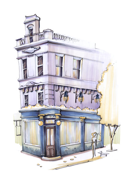 建筑手绘艺术素描标志着欧洲建筑咖啡馆的城市立面，在一楼的晚间展示室外图片下载