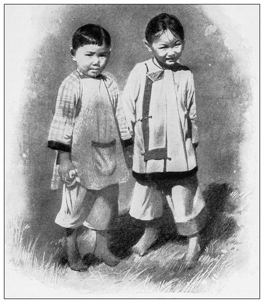 古董黑白照片:两个孩子在希罗，夏威夷图片下载