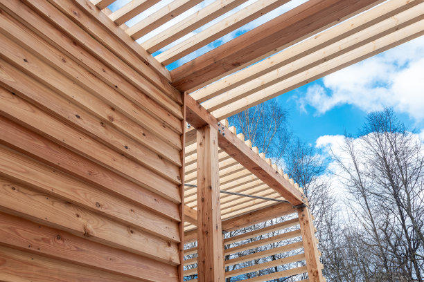 木结构建筑细节(Mikoów，西里西亚，波兰的毕业塔)。干净，裸露的木质设计元素。图片下载