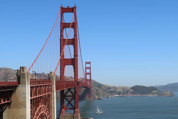 金门大桥上令人惊叹的景色。在海湾地区，海鸥在前面的日落美景。美国旧金山壮观的日落。图片下载