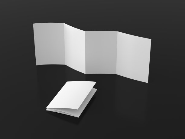 垂直页之字形或手风琴折叠小册子。四格，八页空白传单。在黑色背景上模拟演示文稿设计。展开和折叠。图片下载
