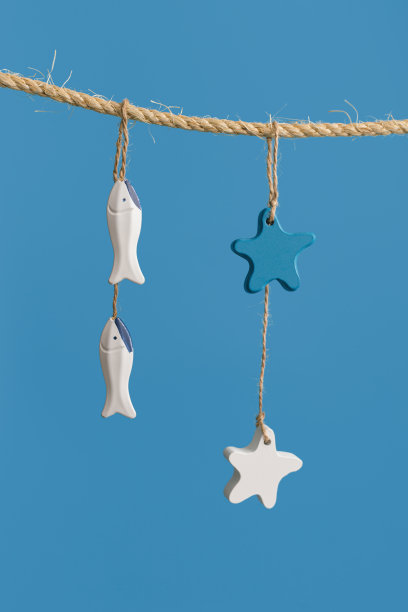 海上的概念，海洋的生活方式装饰挂在绳子上。大海玩具生命线，海星和小鱼图片下载