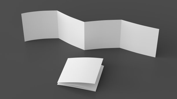 方页之字形或手风琴折叠的小册子。四格，八页空白传单。模拟灰色背景用于演示文稿设计。展开和折叠。图片下载
