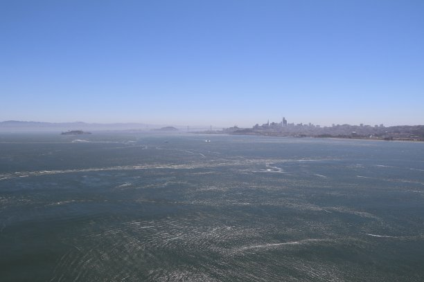 金门大桥上令人惊叹的景色。在海湾地区，海鸥在前面的日落美景。美国旧金山壮观的日落。图片下载