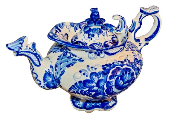 茶壶在俄罗斯传统的Gzhel风格孤立在白色背景。俄罗斯民间陶瓷工艺和生产瓷器，是俄罗斯民间绘画的一种。tableware.Closeup回家。图片下载