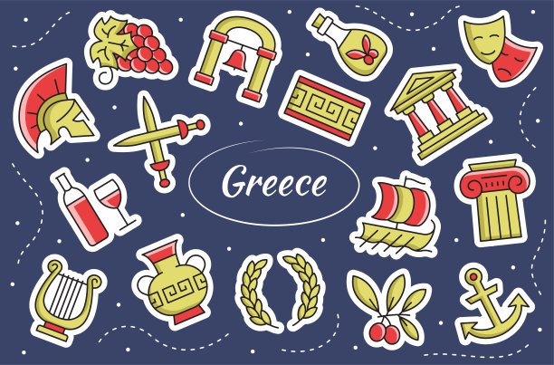 希腊，希腊文化-贴纸集。向量线符号集合。图片下载