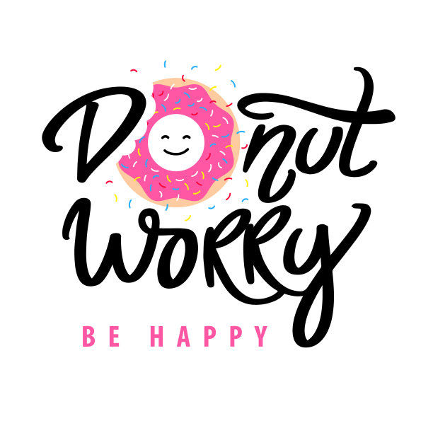 甜甜圈烦恼快乐。手写的粉红色甜甜圈和五颜六色的糖屑。矢量现代毛笔书法。鼓舞人心的短语。图片下载