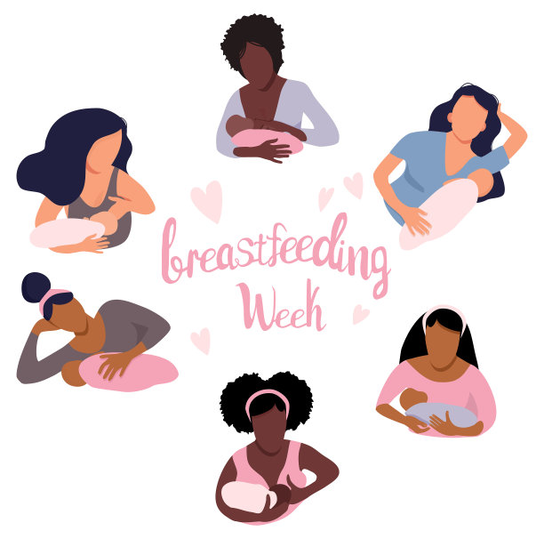 世界母乳喂养周插图。不同种族的年轻女性带着孩子。不同体位的哺乳概念。妈妈抱着她的孩子。图片下载