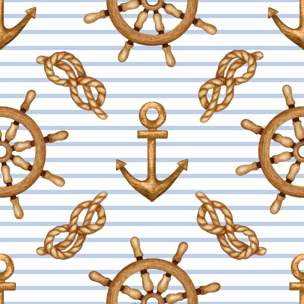 水彩航海无缝模式。冒险，旅行，海洋生活。船舶设备-锚，方向盘，绳结。手绘海洋背景印刷设计图片下载