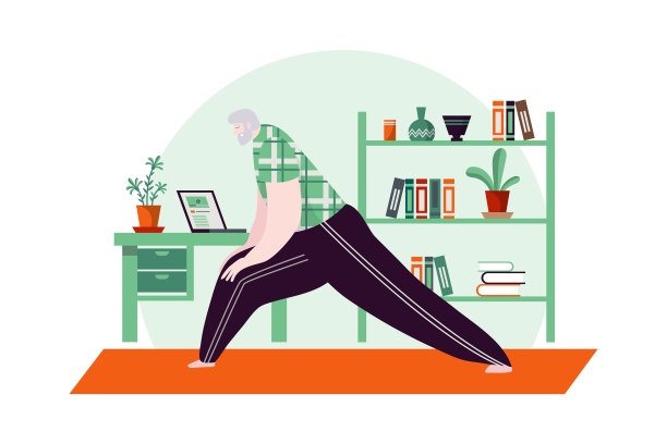 一个灰白头发和胡子的白人老人在家里练习瑜伽。矢量插图。图片下载