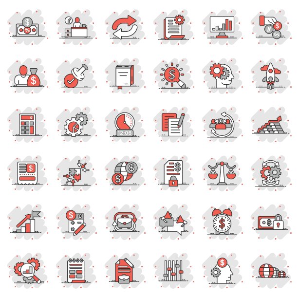 商业图标设置在漫画风格。钱，人，文件卡通矢量插图在白色孤立的背景。自由职业者图表飞溅效应的商业概念。图片下载