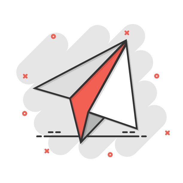 漫画风格的纸飞机图标。发送的消息卡通矢量插图的白色孤立的背景。空中短信飞溅效应经营理念。图片下载