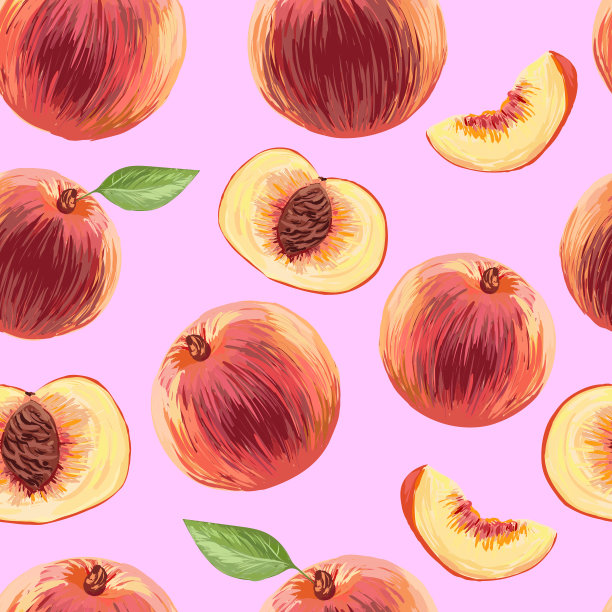 桃子在初升的太阳的光芒下，粉红色的日出。无缝的背景。图片下载