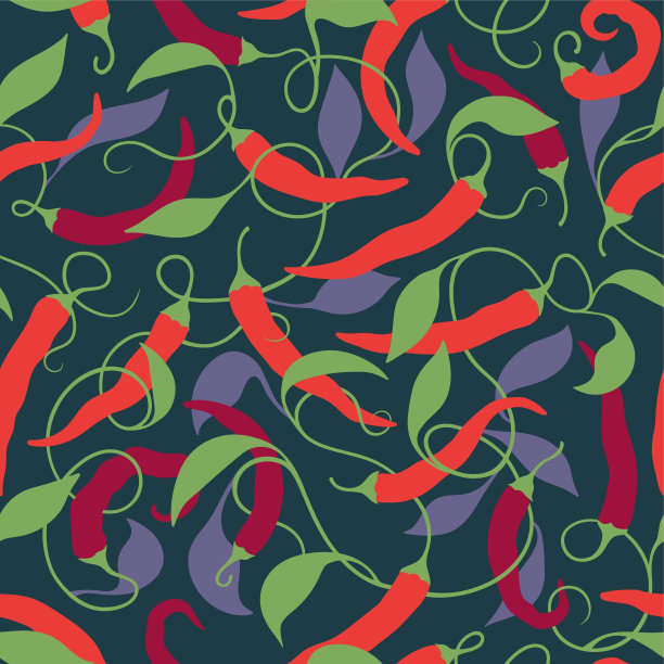 辣椒形状的东方图案。有图案的辣椒与叶子缠绕在一起。无缝的背景图片下载