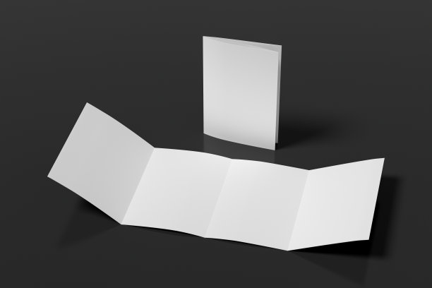 垂直双门折叠小册子。四格，八页空白传单。在黑色背景上模拟演示文稿设计。展开和折叠。图片下载