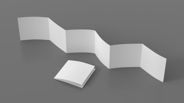 方页之字形或手风琴折叠的小册子。六格，十二页空白传单。模拟灰色背景用于演示文稿设计。展开和折叠。图片下载