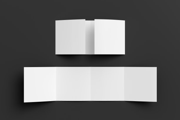 方形双门折叠小册子。四格，八页空白传单。在黑色背景上模拟演示文稿设计。展开和semi-folded。图片下载