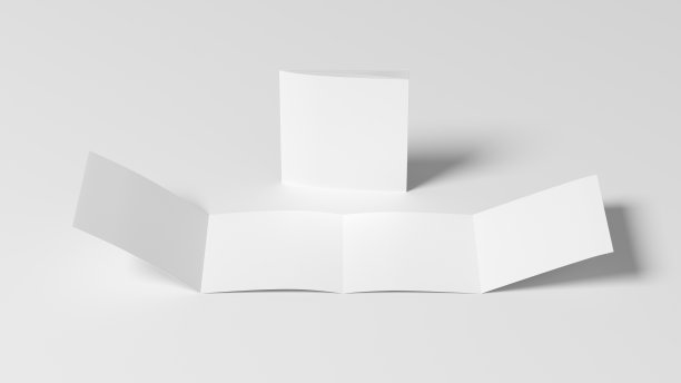 方形双门折叠小册子。四格，八页空白传单。在白色背景上模拟演示文稿设计。展开和折叠。图片下载