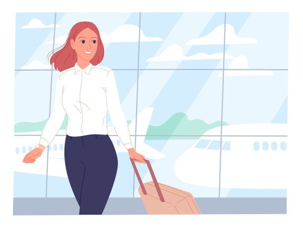 一个年轻女子拿着一个手提箱站在机场起飞场地的背景下图片下载