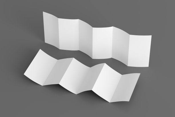 垂直页之字形或手风琴折叠小册子。六格，十二页空白传单。模拟灰色背景用于演示文稿设计。前后展开。图片下载