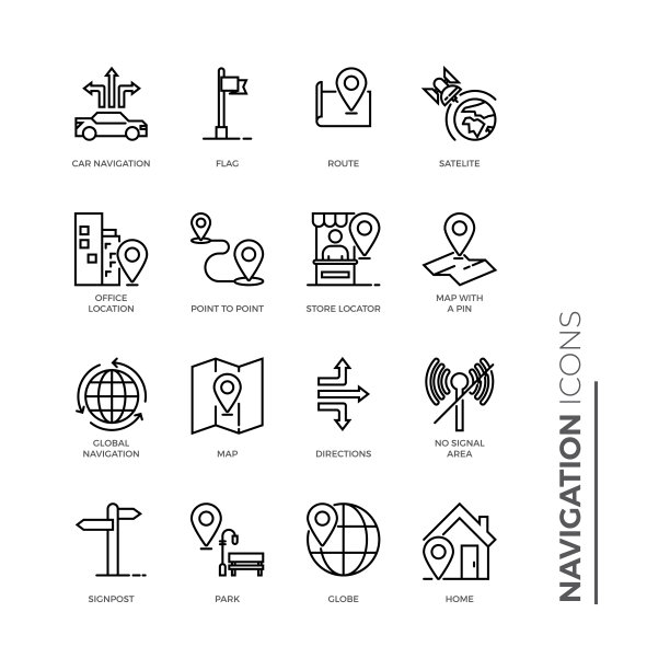 简单的导航相关颜色矢量线图标集。包含诸如商店定位器，办公室，家庭等图标。图片下载