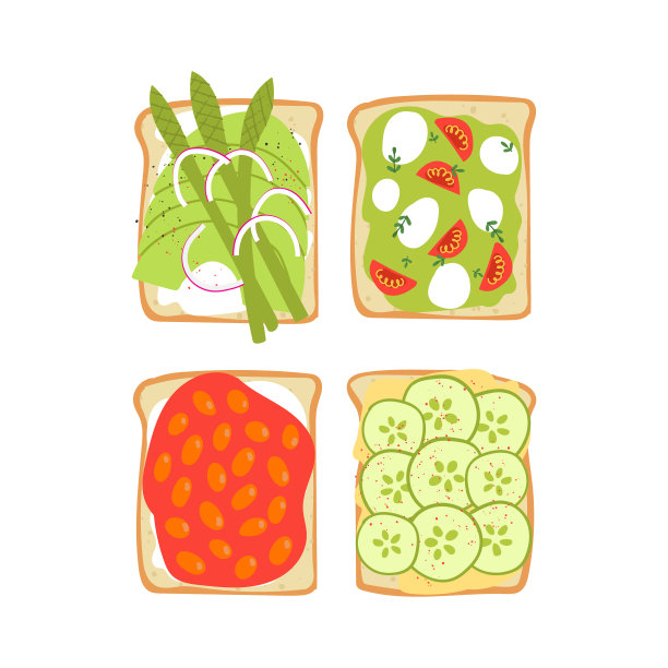 鳄梨面包。可爱的素食健康早餐。手绘美味的蔬菜三明治。图片下载