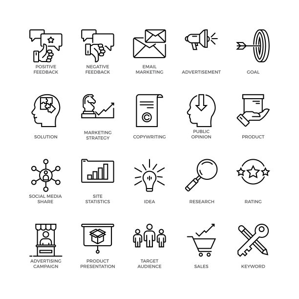 简单集营销相关的颜色矢量线图标。包含诸如电子邮件营销，文案，社会媒体，盒子解决方案等图标。图片下载