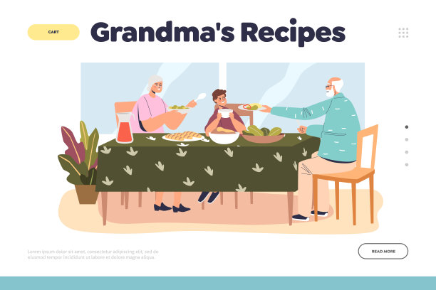 奶奶的食谱概念登陆页与爷爷奶奶和孙子男孩一起吃饭图片下载