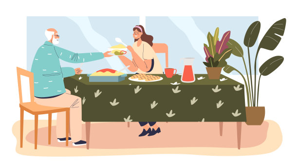 女儿和父亲在一起吃饭。年轻女子和爷爷在家里吃饭图片下载