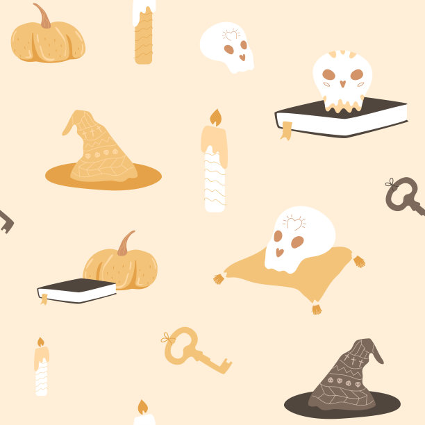 带有魔法元素的神秘优雅插画，枕头上的骷髅头，书籍，带有图案的女巫帽，漂浮的蜡烛，钥匙和南瓜。图片下载