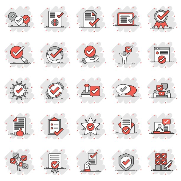 赞成图标设置在漫画风格。检查标记卡通矢量插图在白色孤立的背景。Tick接受了飞溅效果的经营理念。图片下载