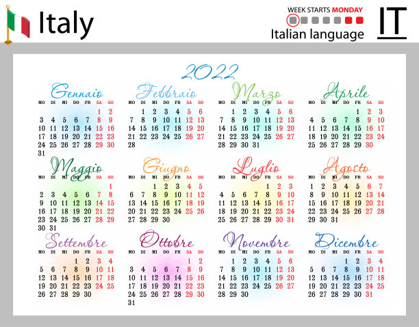意大利2022年水平袖珍日历。一周星期一图片下载