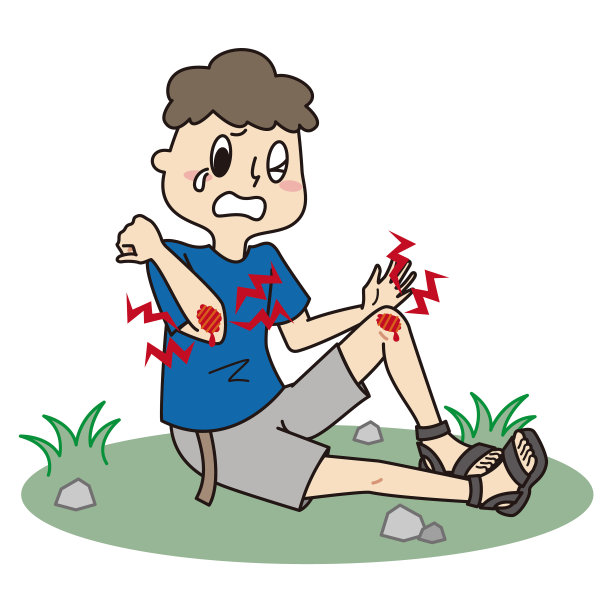 一个男孩在露营地摔倒，擦伤了手肘和膝盖，流血不止图片下载