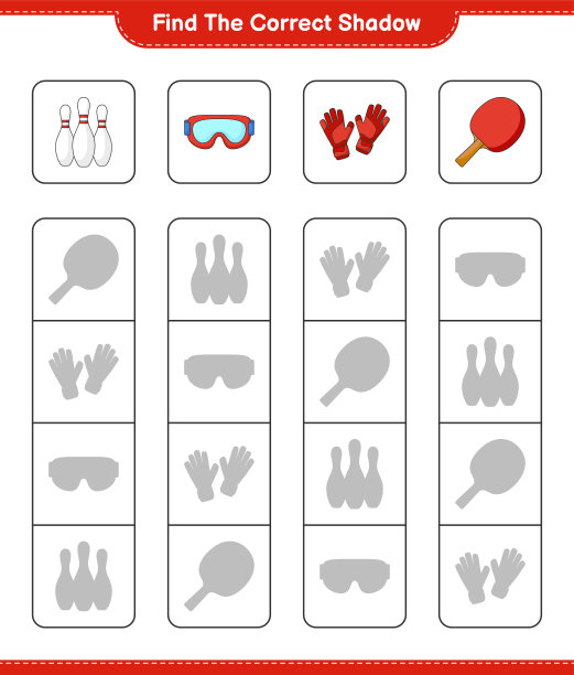 找到正确的阴影。找出保龄球瓶，护目镜，乒乓球拍和守门员手套的正确影子并匹配。教育儿童游戏，可打印的工作表，矢量插图图片下载