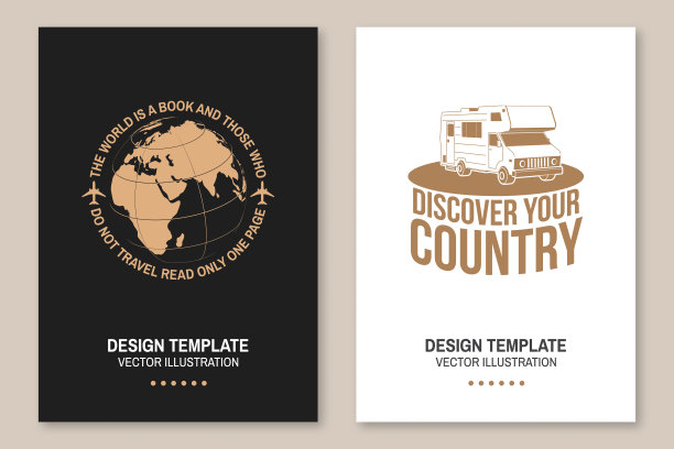 一套旅行徽章，旅行的灵感引用旅行房车，房车，地球剪影。向量。为旅行传单，小册子，横幅海报印刷，传单，小册子的动机。图片下载