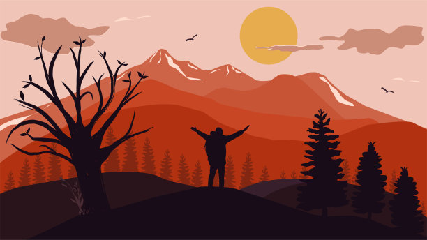 矢量插图的日出和日落在山图片下载