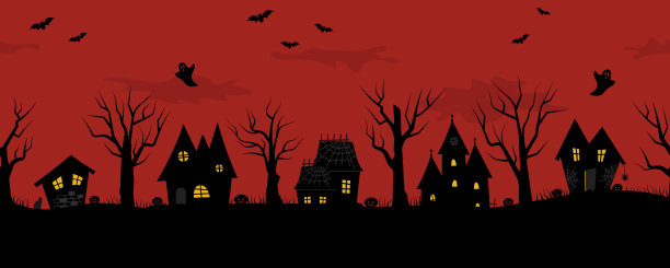 万圣节的房子。令人毛骨悚然的村庄。无缝的边界图片下载
