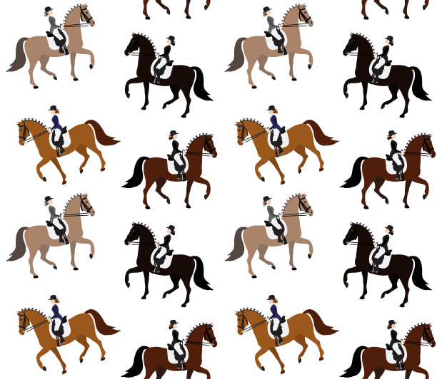 矢量无缝图案的平面卡通手绘女人女孩骑盛装舞步的马图片下载